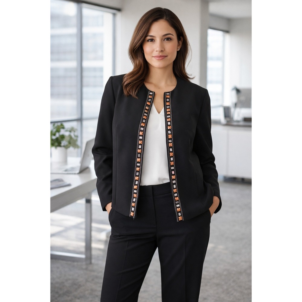 Tahari ASL Embellished Trim Blazer Jacket Black Collarless 14W